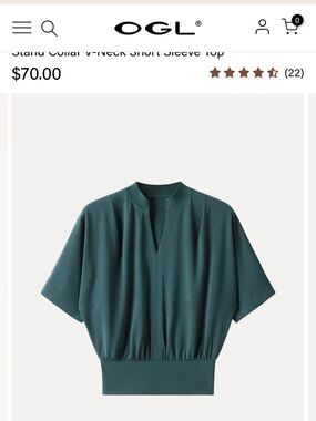 OGL Teal Short-Sleeve Stand-Collar V-Neck Top